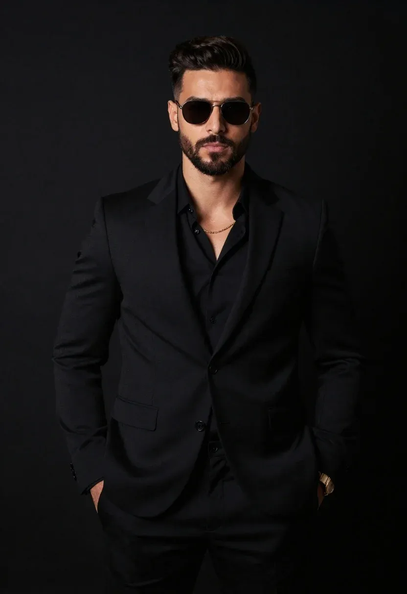 Confident Man Stands Against Solid Black Background Wearing Dark Sunglasses