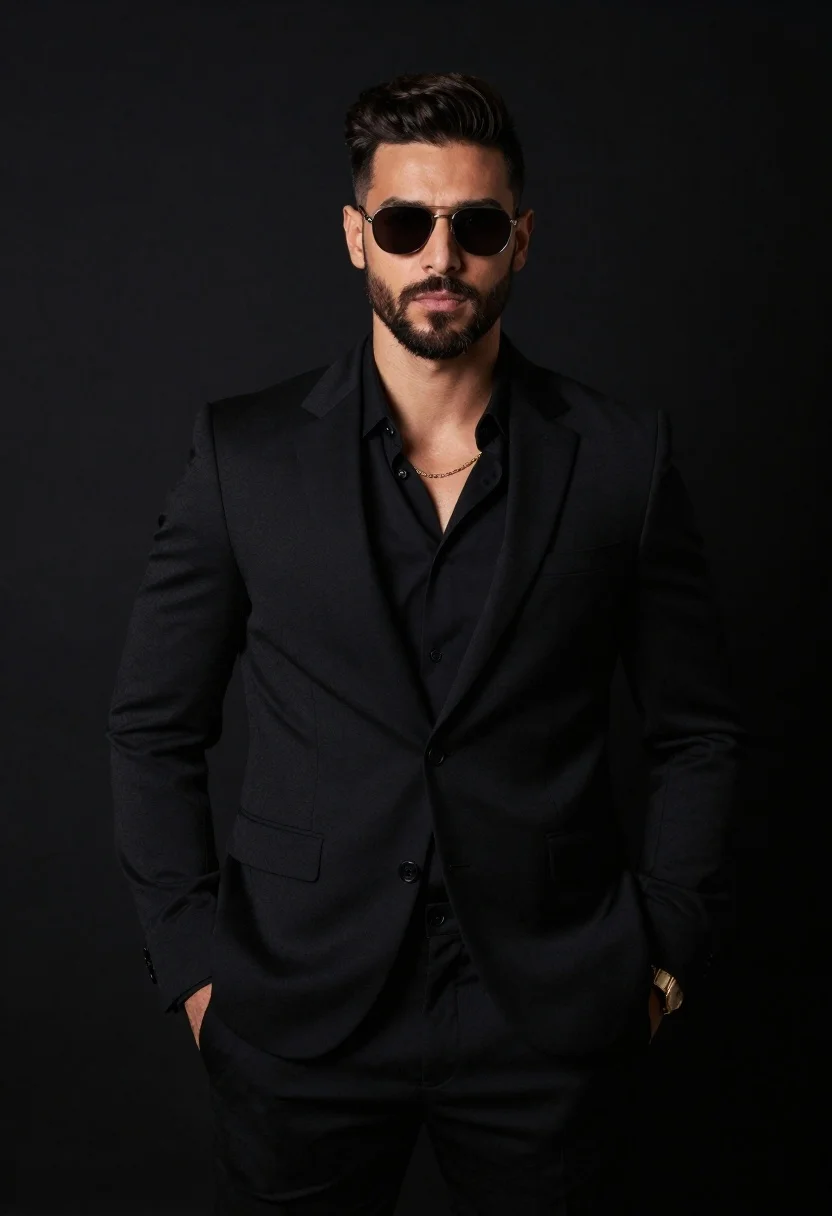 Confident Man Stands Against Solid Black Background Wearing Dark Sunglasses