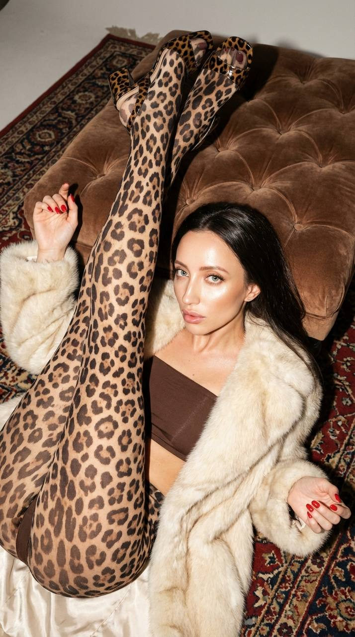 A close-up portrait of a woman in leopard print attire, elegantly posed with a beautiful rug and brown ottoman.