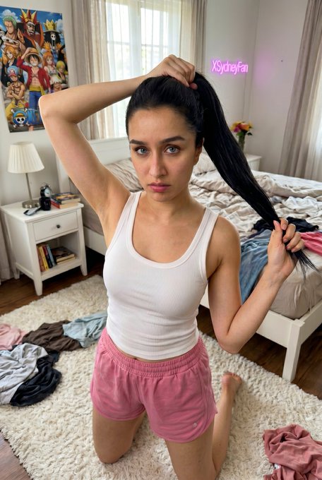 A woman kneeling on a fluffy white rug in a messy bedroom, gathering her vibrant hair into a ponytail.