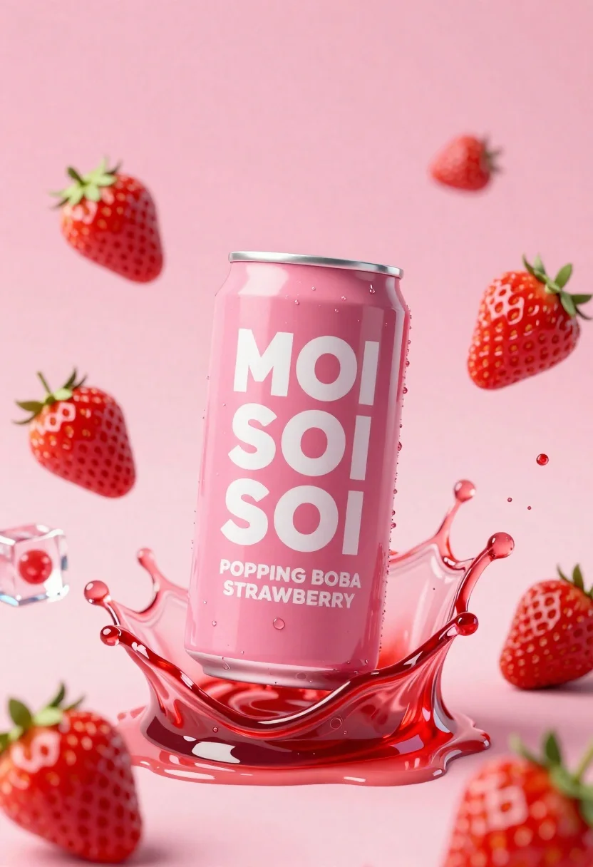 Vibrant Pink Soda Can Suspended Mid-air Amidst Dynamic Splash Red