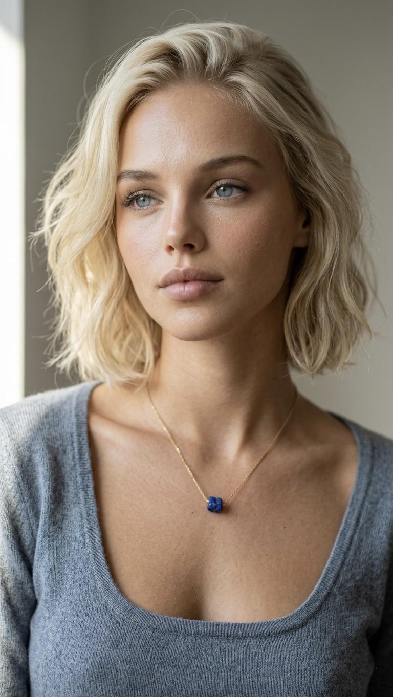 Close Up Portrait Heather Gray Top Lapis Necklace