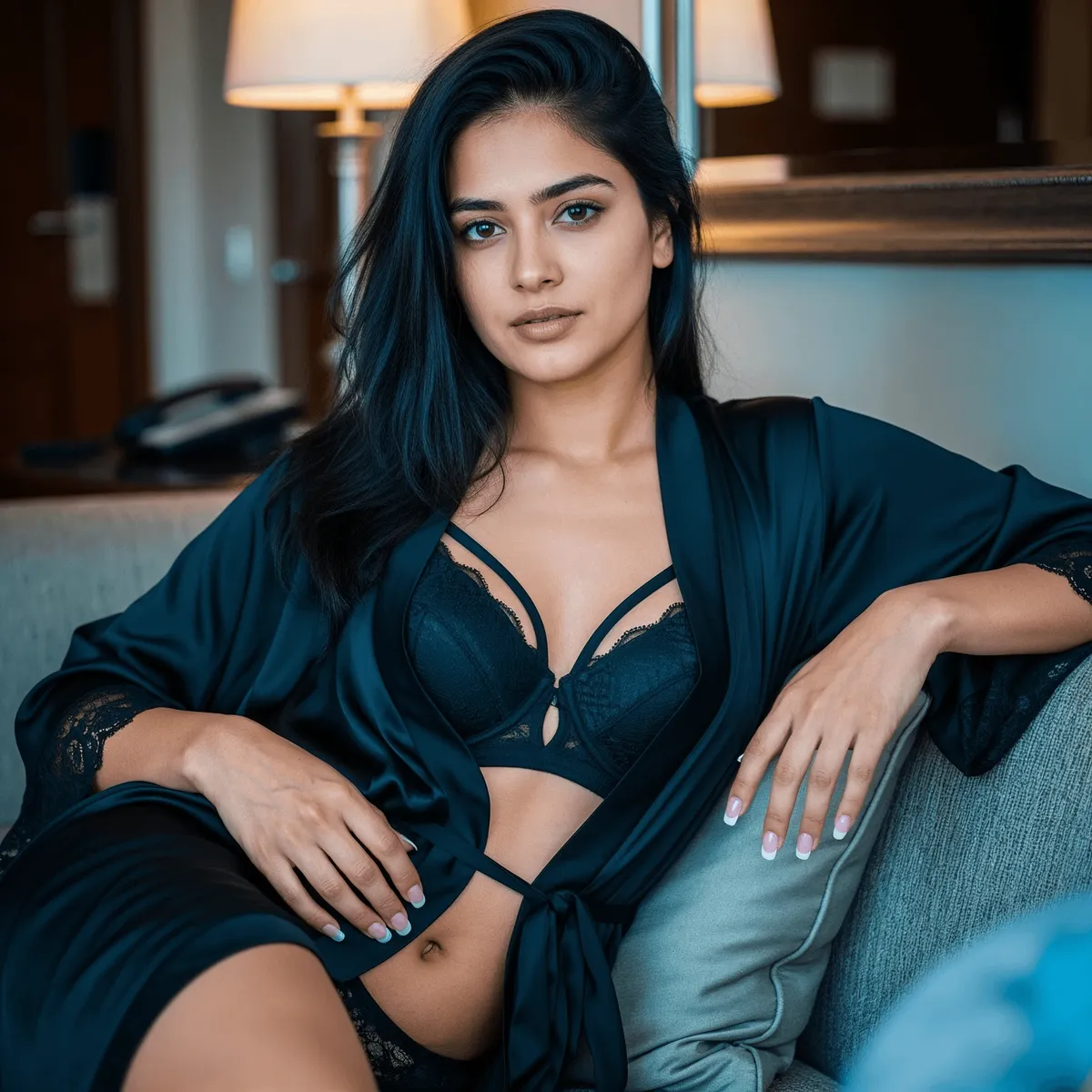 Hotel Room Satin Robe Lace Bra Soft Warm Lighting
