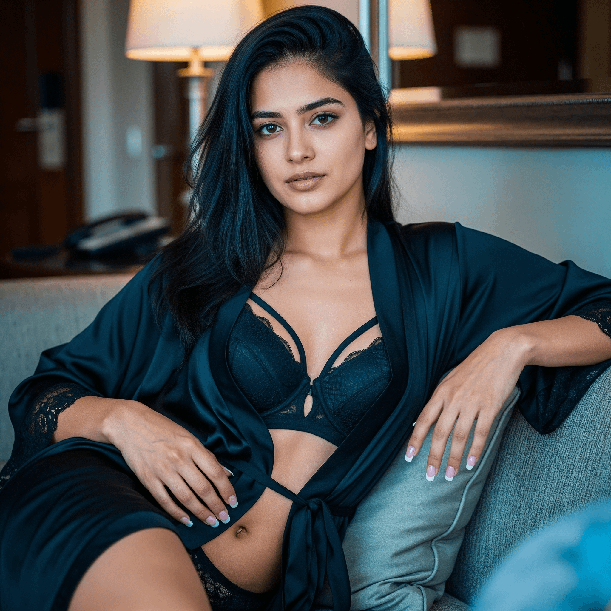 Hotel Room Satin Robe Lace Bra Soft Warm Lighting