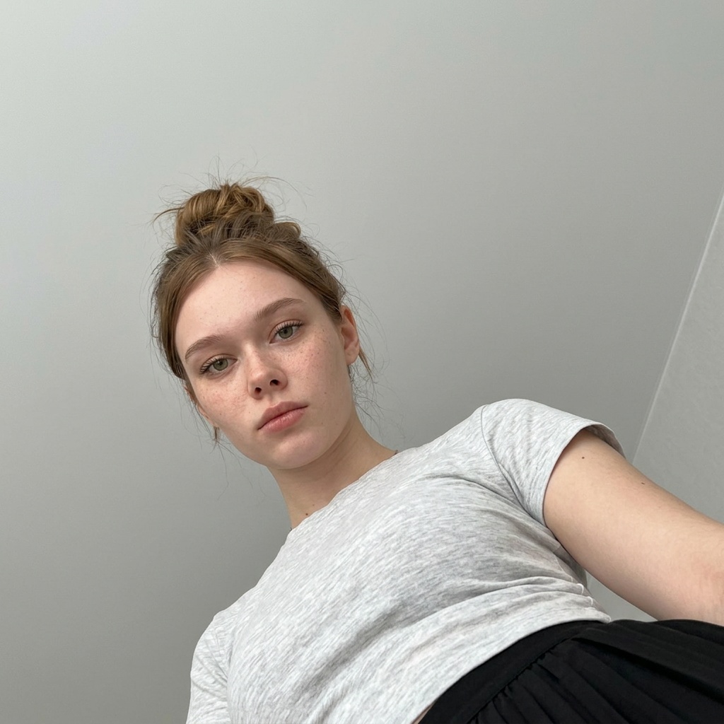 Low-angle close-up of a person in a light t-shirt and dark pants, gazing neutrally towards the camera against a light wall.