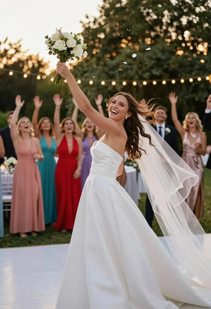 Exuberant Bridal Photography Moment Joyful Bride Tossing Her Bouquet Over