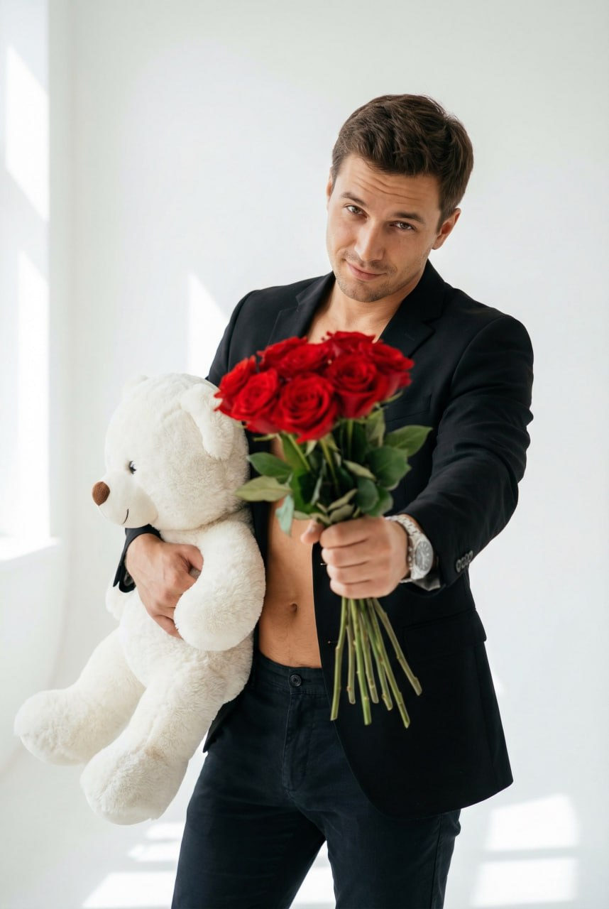 A playful romantic portrait of a model in a black blazer, holding a large white teddy bear and red roses against a bright minimalistic studio background.