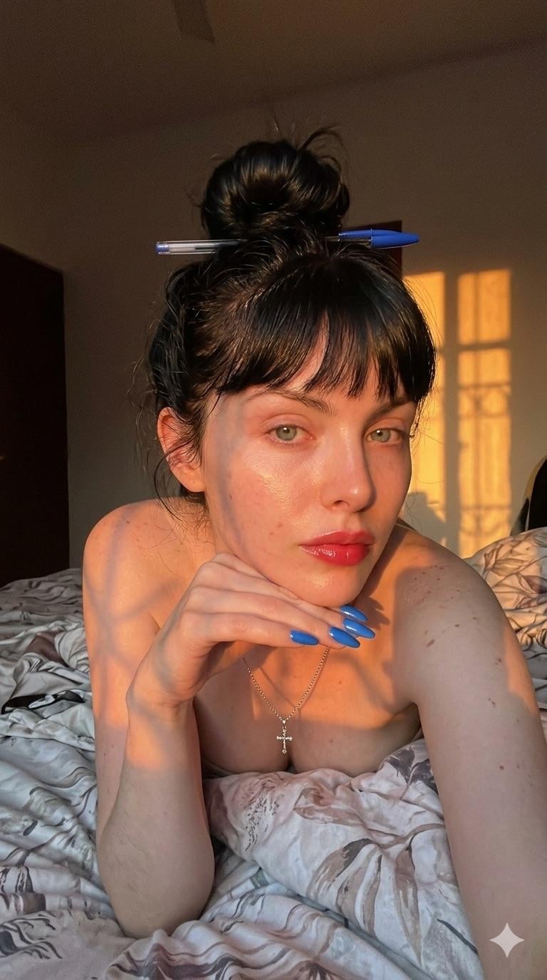 Selfie Face Prone On Bed Warm Golden Hour Light