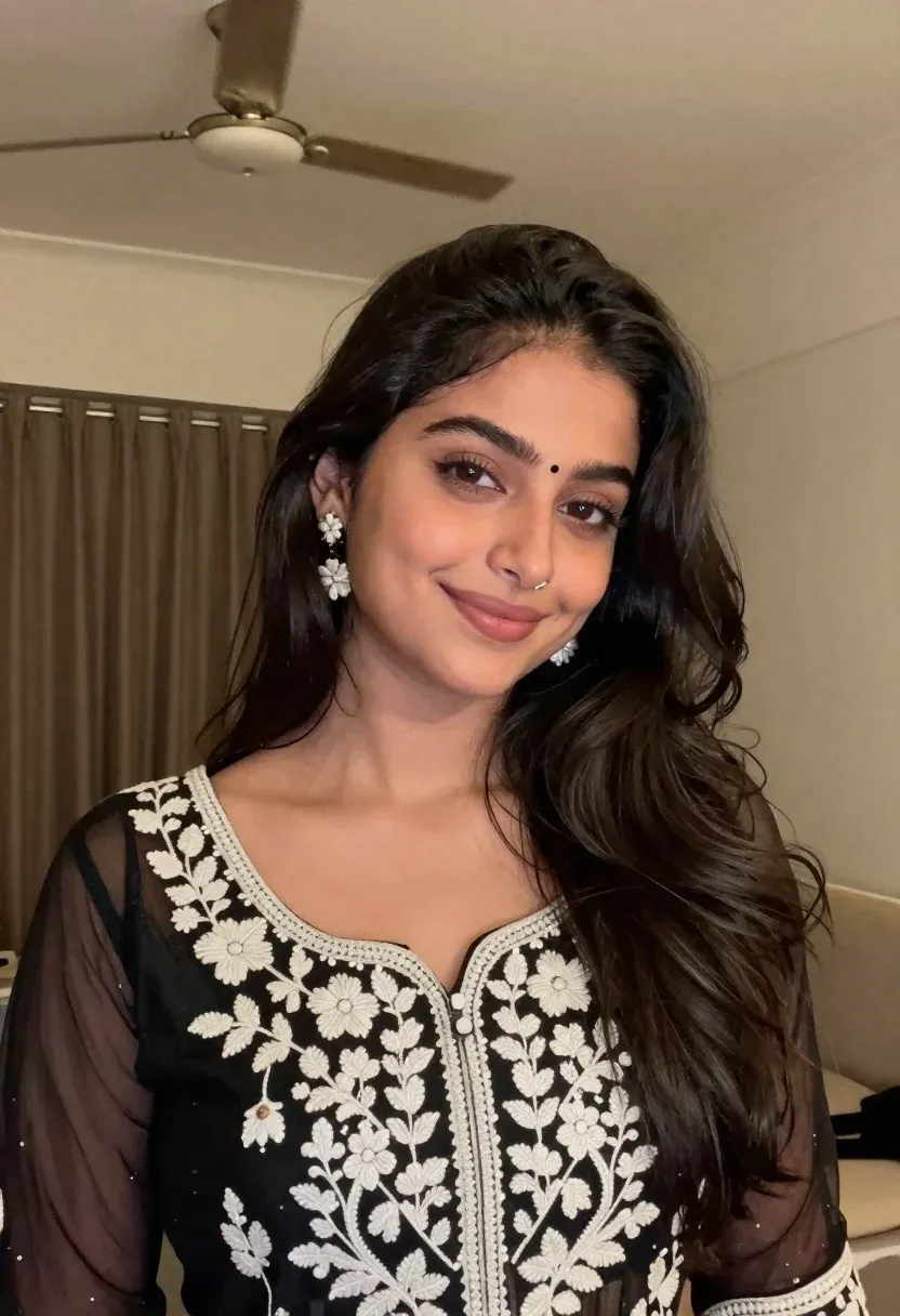 Young Woman With Long Dark Wavy Hair And Bindi Her