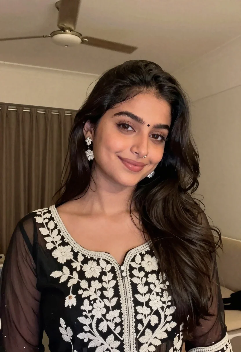 Young Woman With Long Dark Wavy Hair And Bindi Her reference photo