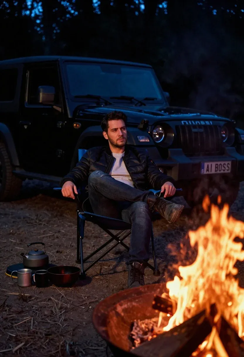 Man Sits Blue Camping Chair Front Roaring Fire Pit Night