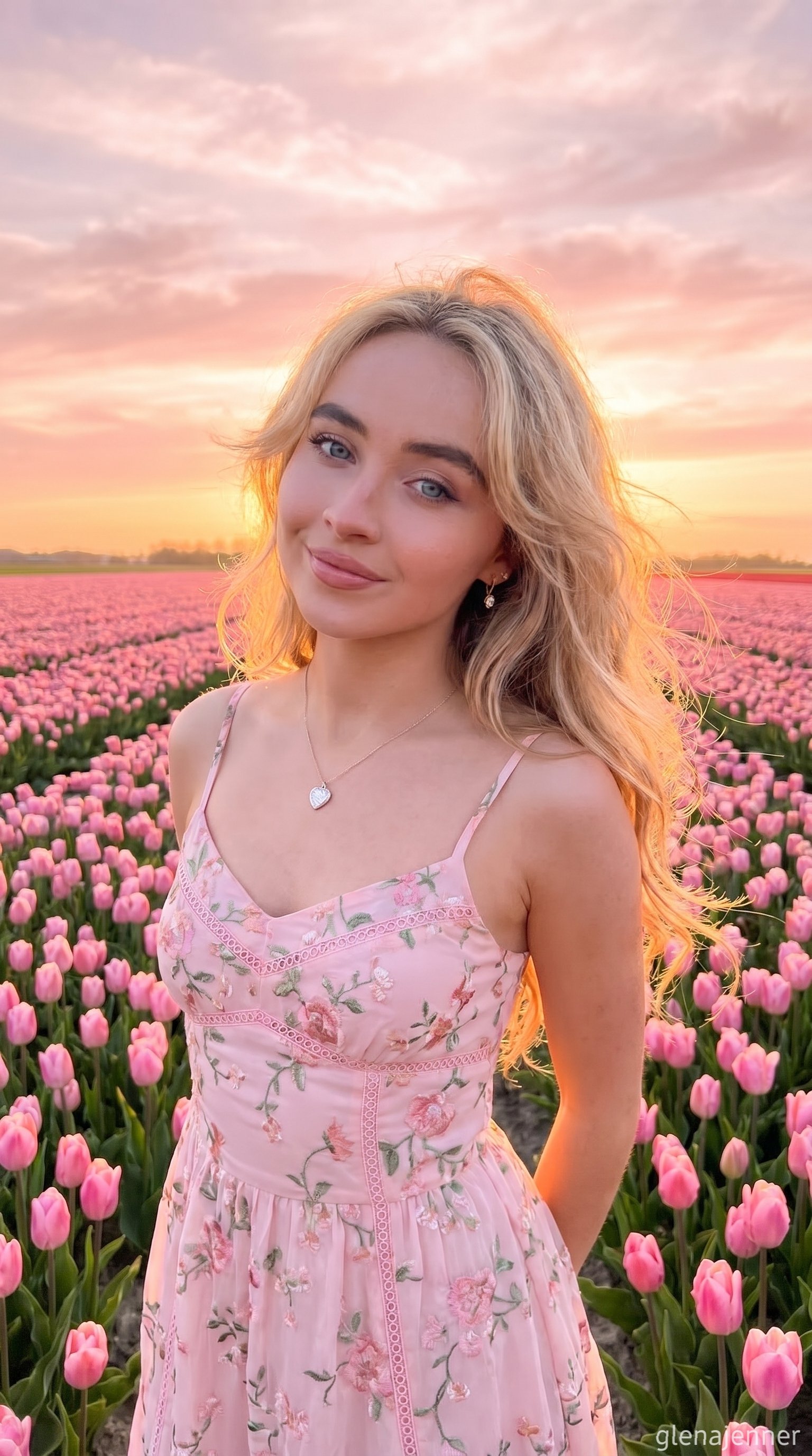 Sadie Sink-inspired pink tulip sunset portrait AI prompt example