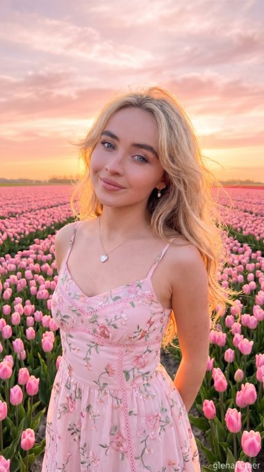 Portrait of a person in a light pink sundress standing in a vibrant pink tulip field at sunset with a warm glow.