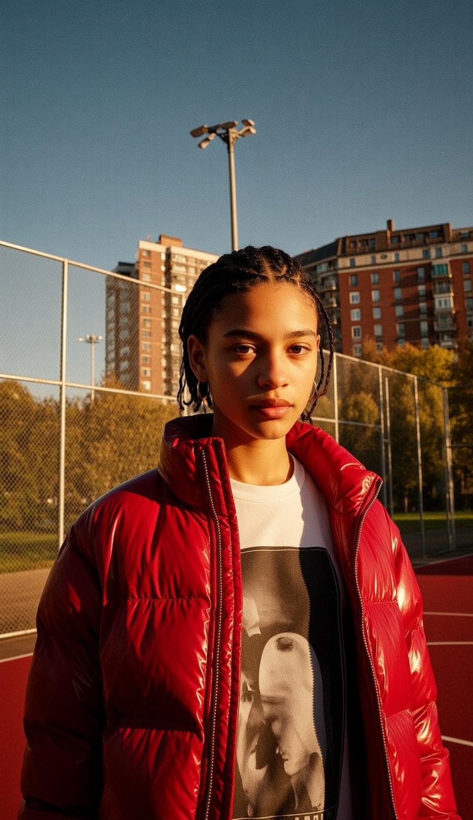 Red Puffer Jacket Graphic Tee reference photo