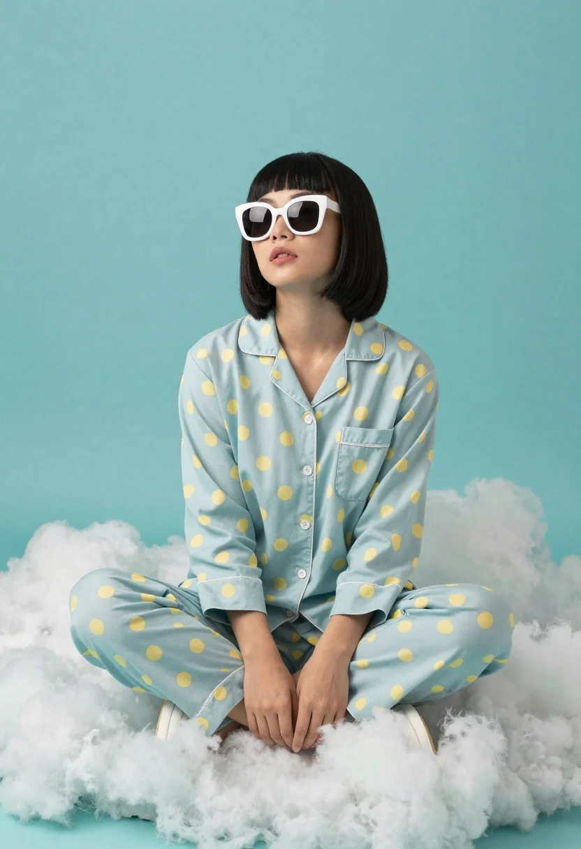 Surreal Portrait Woman Seated Amidst Fluffy White Clouds Against Solid reference photo