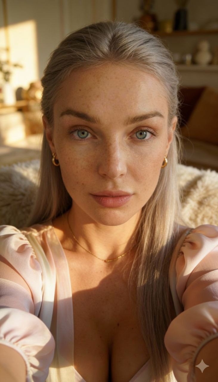 A photorealistic close-up luxury editorial selfie of a confident adult woman in soft pastel silk chiffon.