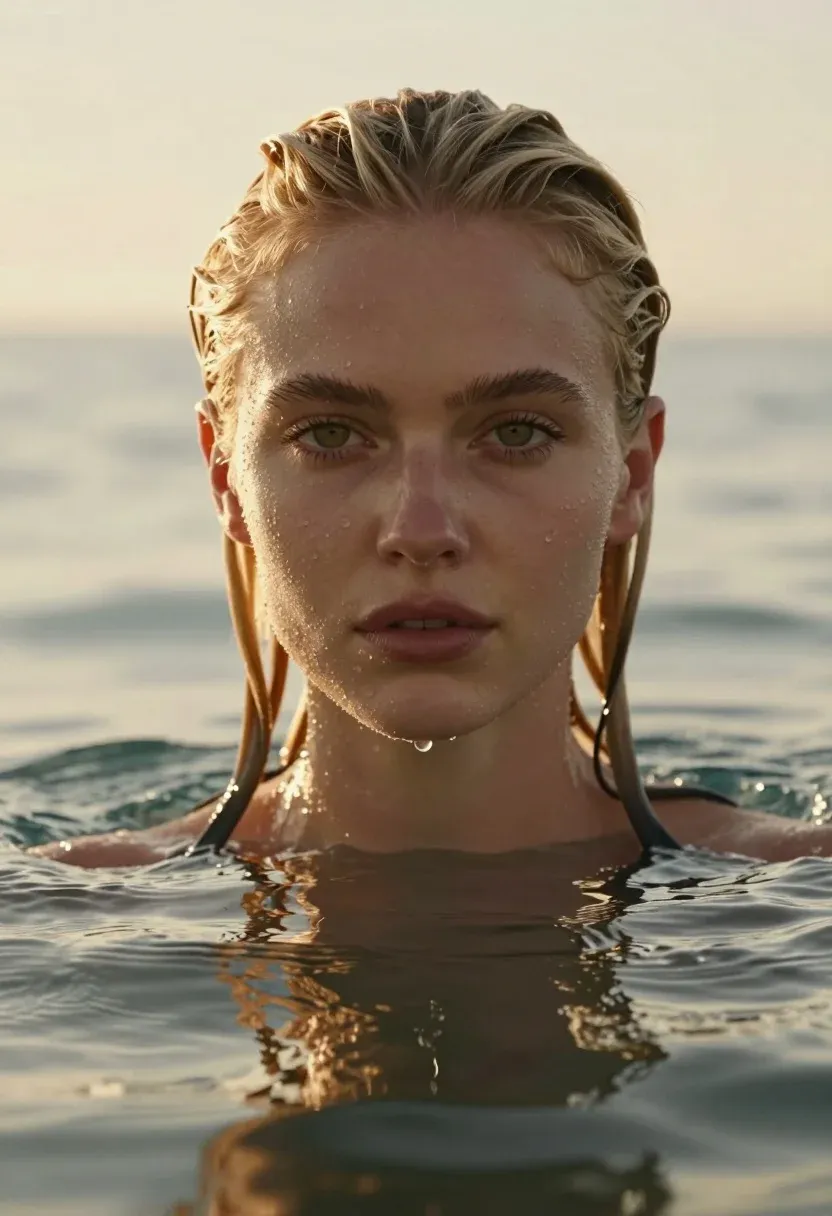 Close-up Portrait Young Woman With Wet Blonde Hair Submerged Water