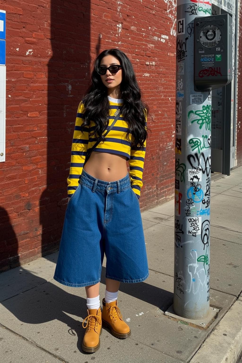 Yellow Striped Crop Top Urban Street Graffiti Pole