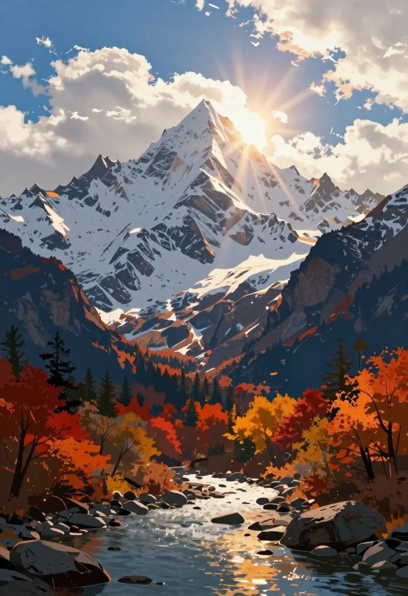Digital Painting Majestic Mountain Landscape With Sun Light Shattering Through reference photo