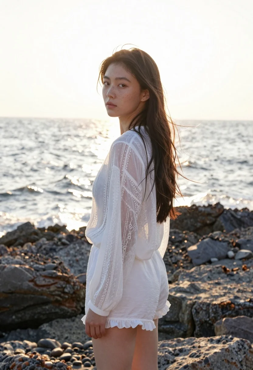 A woman in profile against a sunlit ocean backdrop with dark rocks at her feet, glowing halo effect from backlighting.