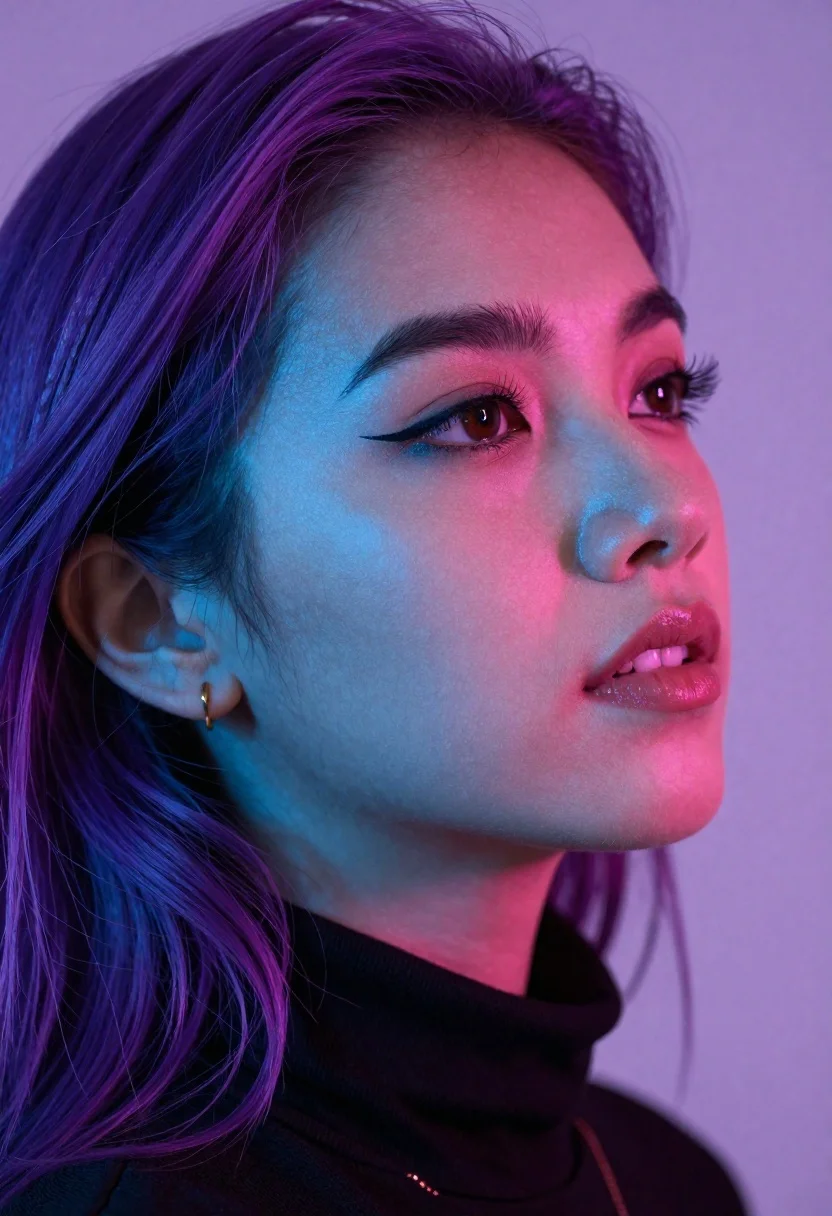 Portrait Photography Woman With Striking Violet And Purple Hair Under reference photo