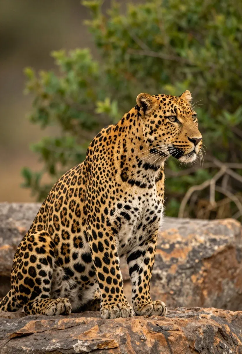 Majestic Leopard Sits Profile Rocky Surface Gazing Intently Into The