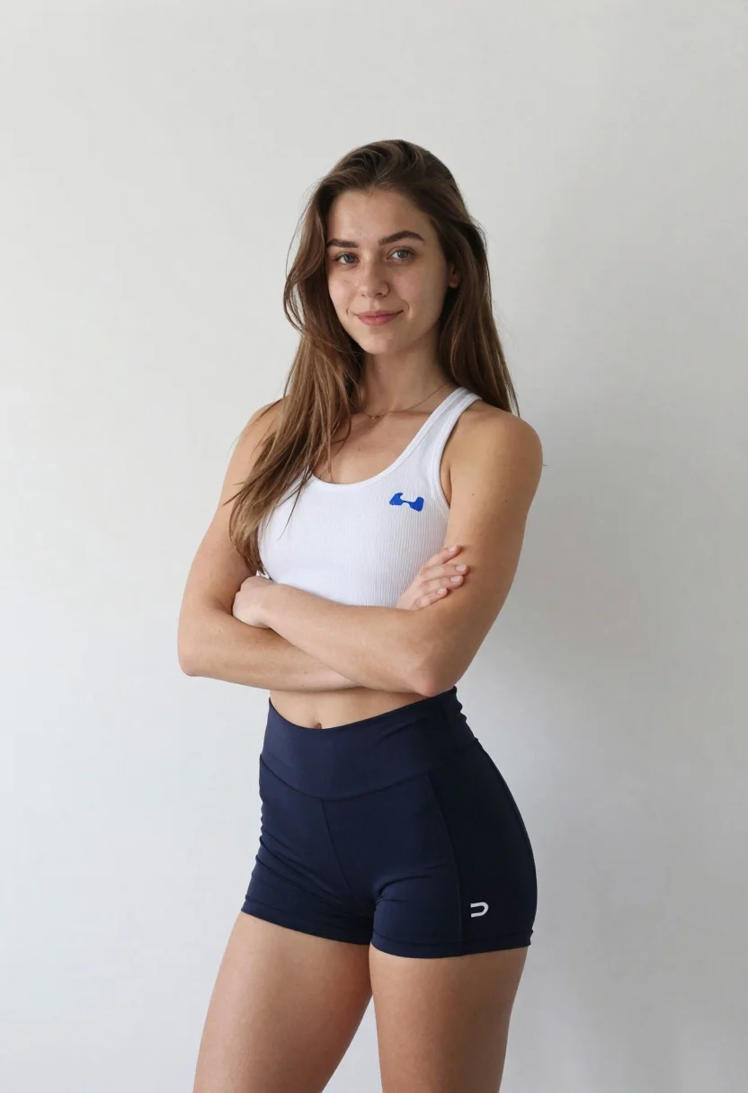 Young Woman With Long Brown Hair Stands Against Plain White reference photo