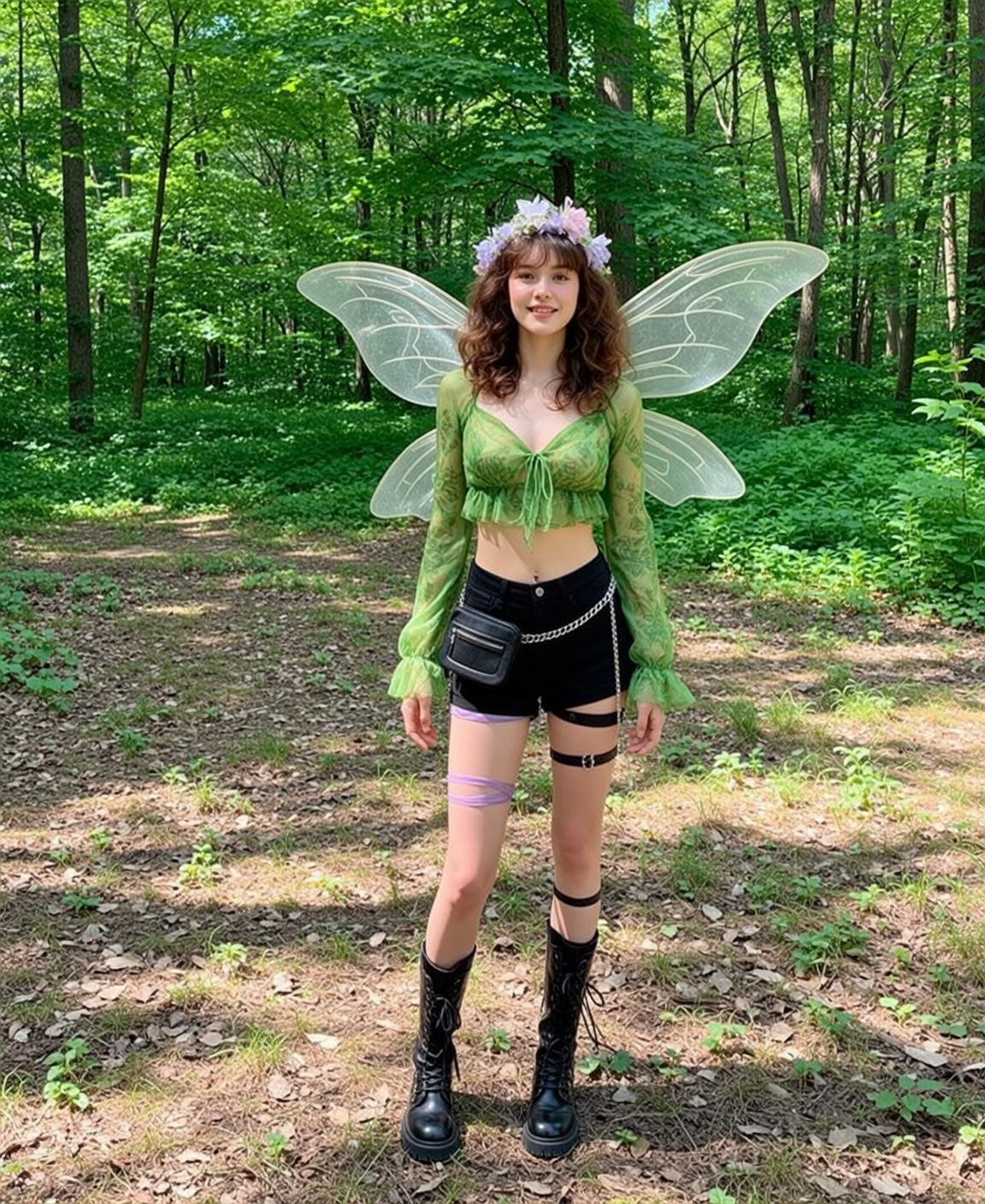 Fairy Wings Forest Green Crop Top Denim Shorts