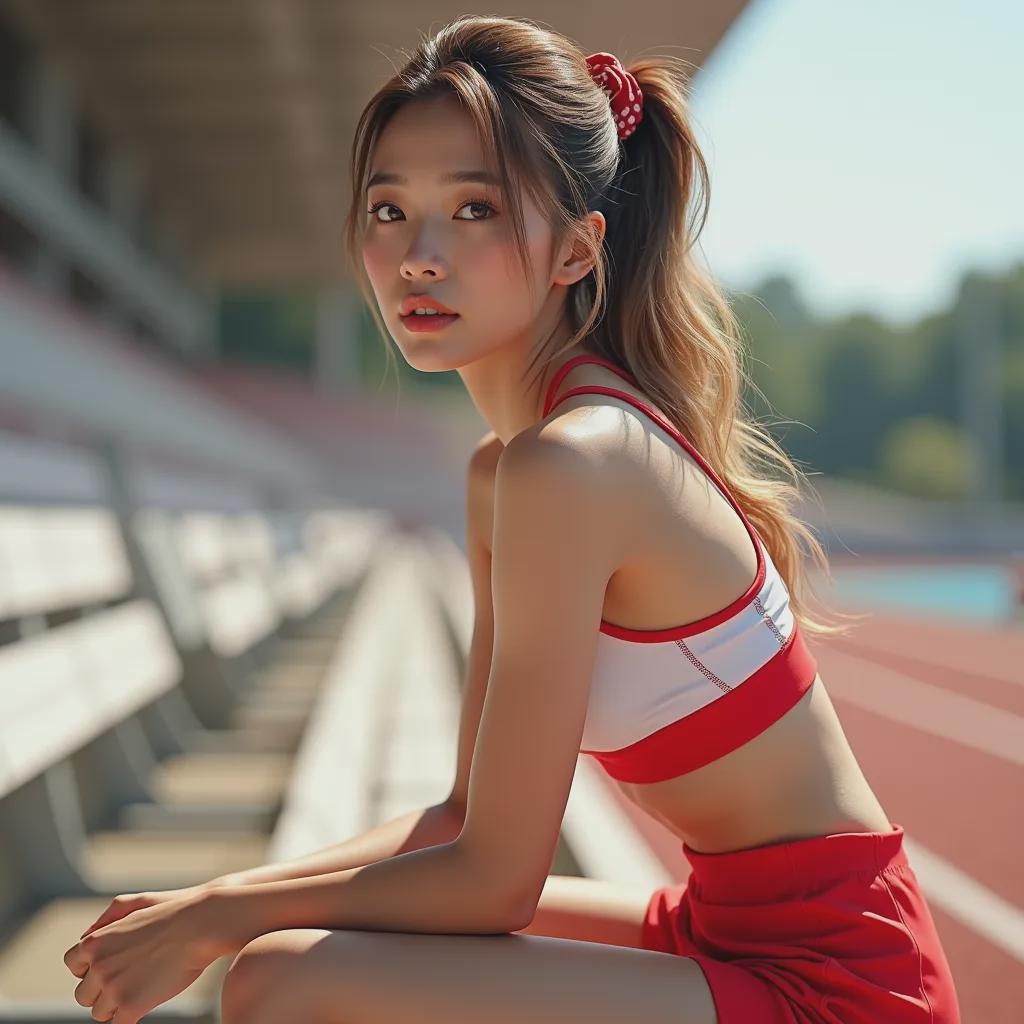 White Sports Bra Thick Red Trim In Bleachers Outdoor Athletic