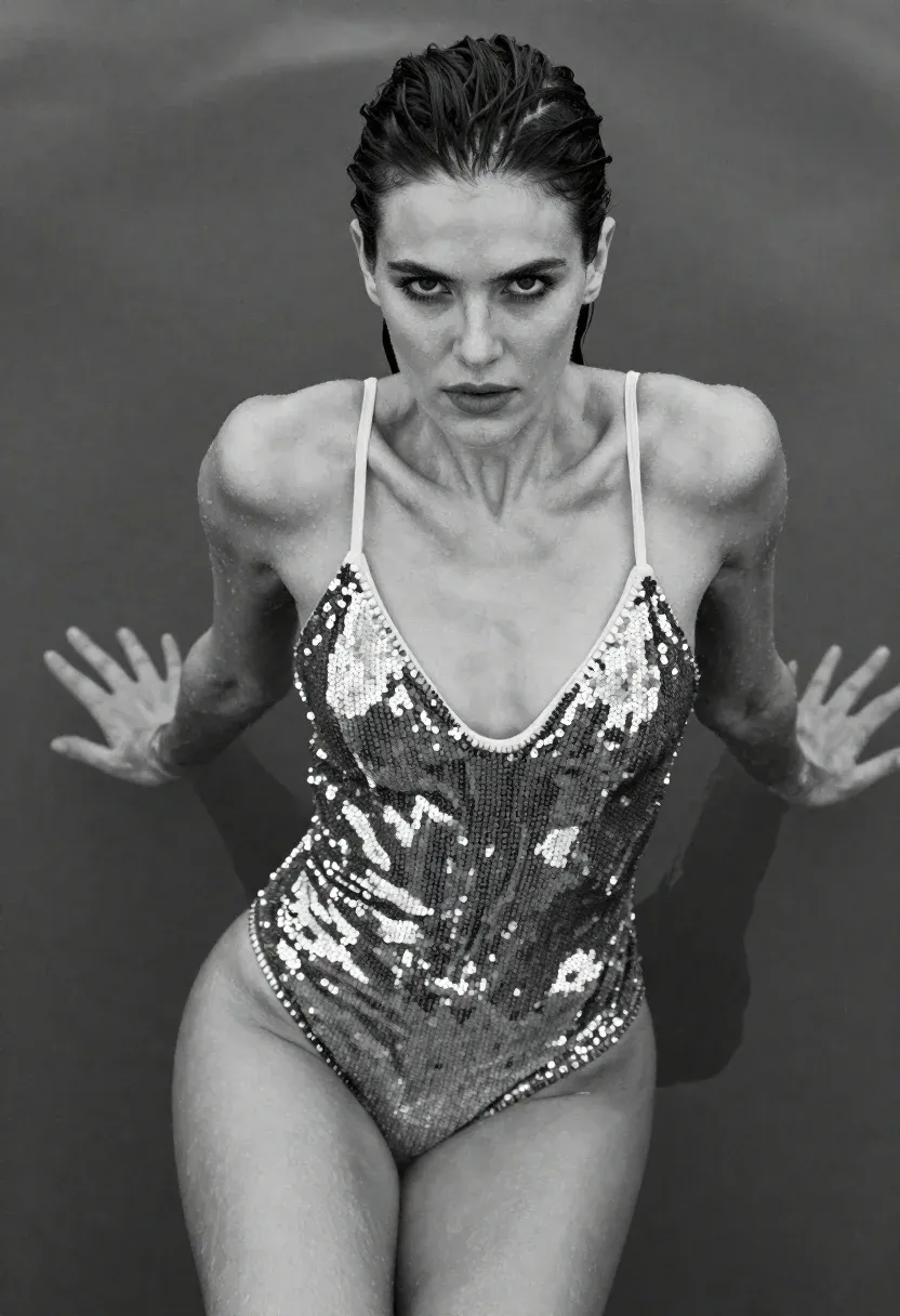 High-angle Black-and-white Fashion Portrait Woman Emerging From Water Subject Young
