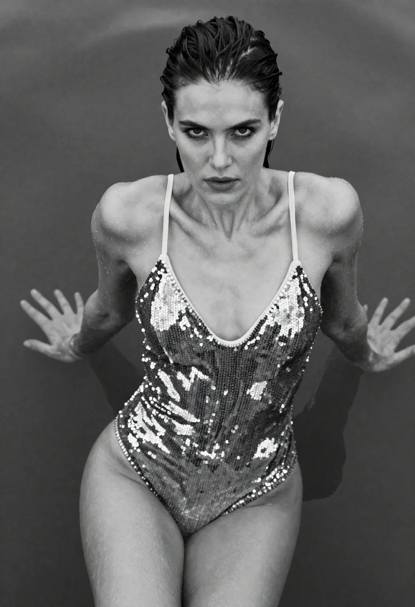 High-angle Black-and-white Fashion Portrait Woman Emerging From Water Subject Young reference photo