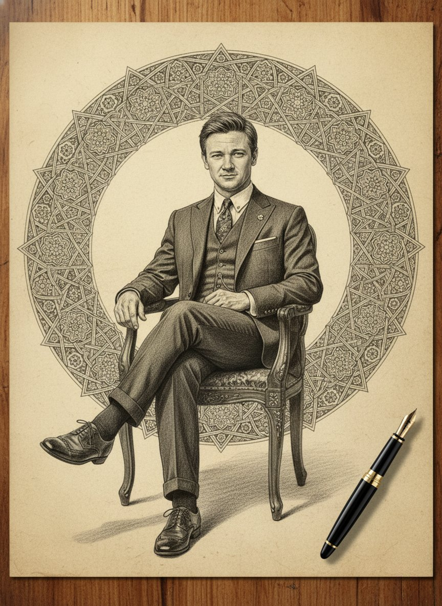A vintage gentleman seated elegantly on a classic wooden chair, wearing a tailored suit and surrounded by intricate geometric patterns.