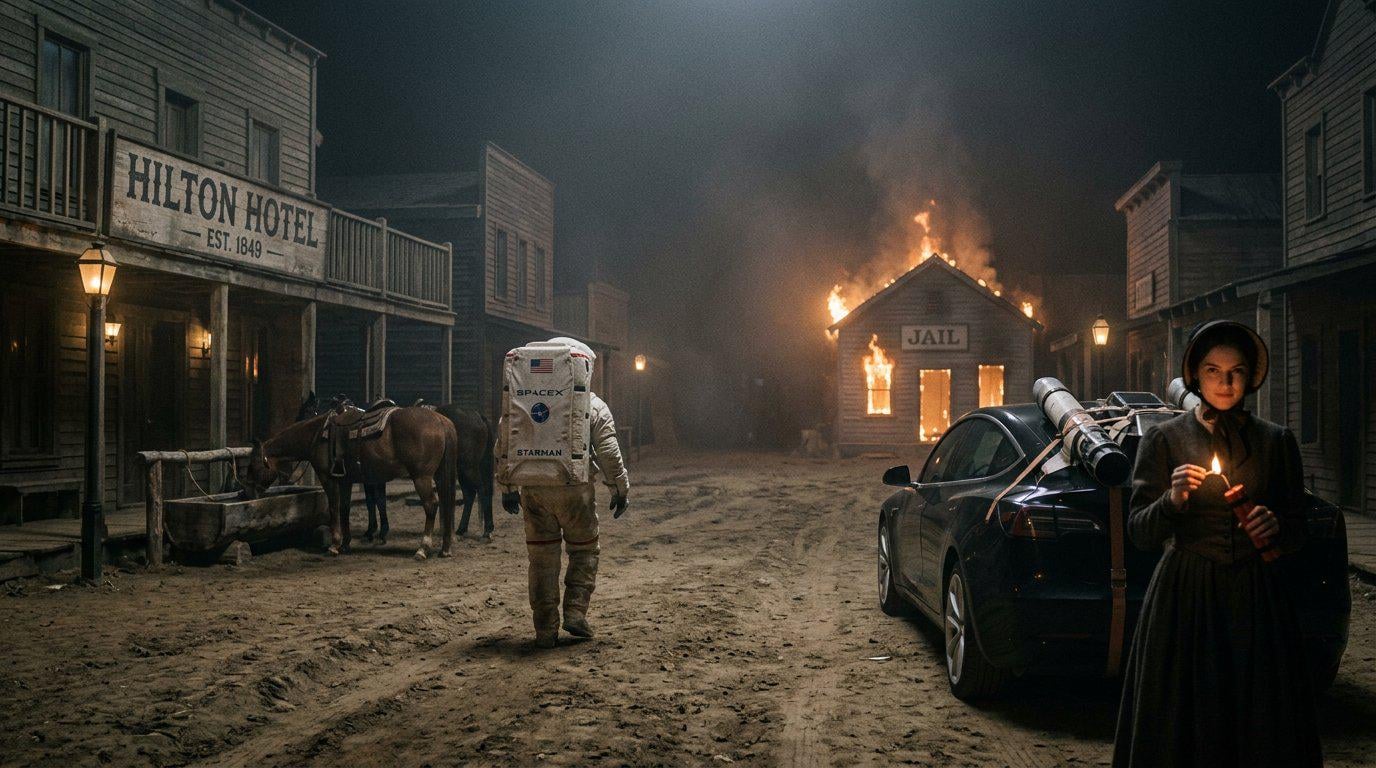 Astronaut Walking Desolate Street Night 1852 Burning Jail