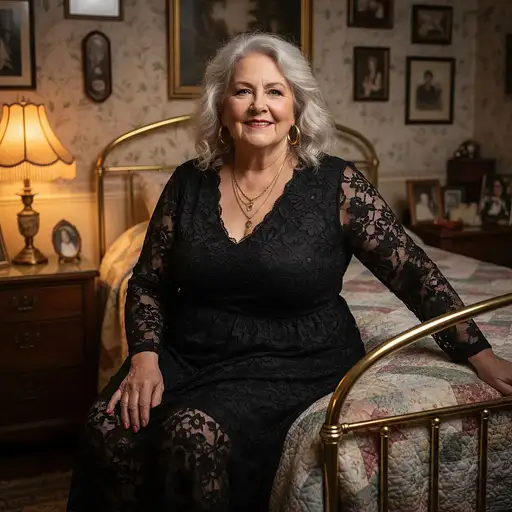 An elderly plus-sized woman with silver-gray hair sitting gracefully on a vintage bed, wearing an elegant black lace dress, with warm lighting.