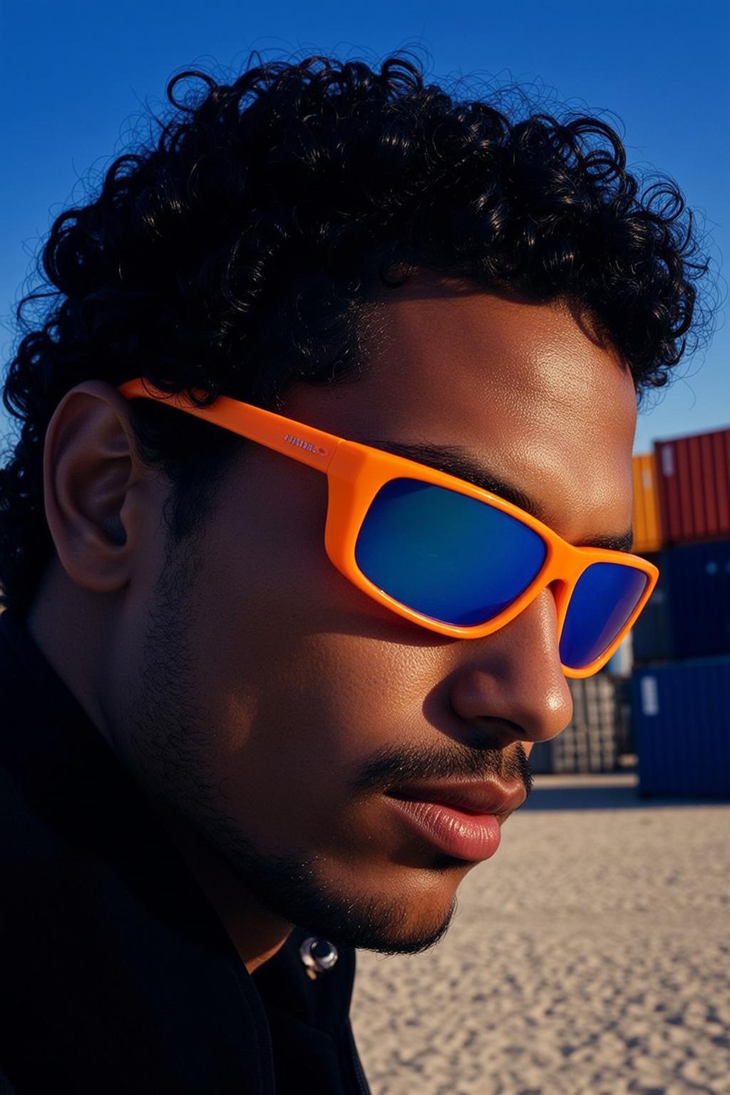 Young Black Curly Tan Jacket Orange Framed