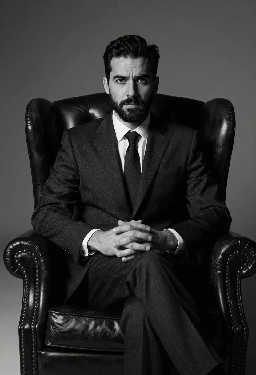 Confident Man With Short Dark Hair And Beard Sits Large