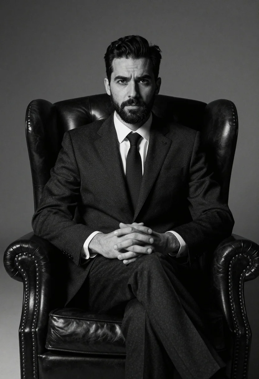 Confident Man With Short Dark Hair And Beard Sits Large