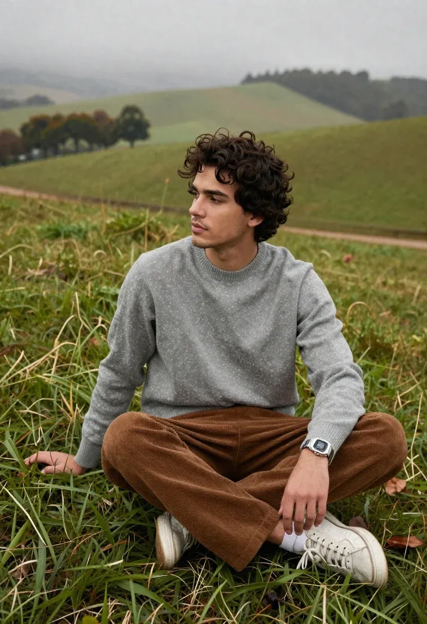 Young Man With Dark Curly Hair Sits Cross-legged Lush Green