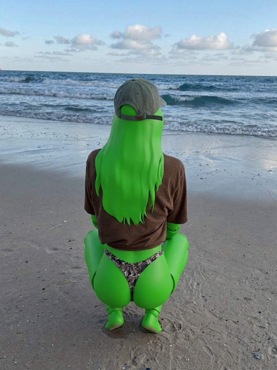 Template for Crouched On Sandy Beach Ocean View