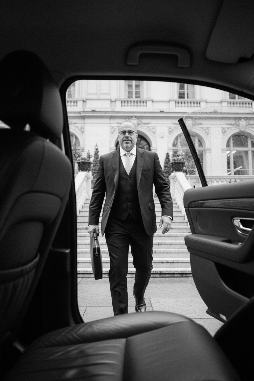A man in a tailored dark suit stepping out of a luxury car at a London hotel, captured in dramatic black and white.