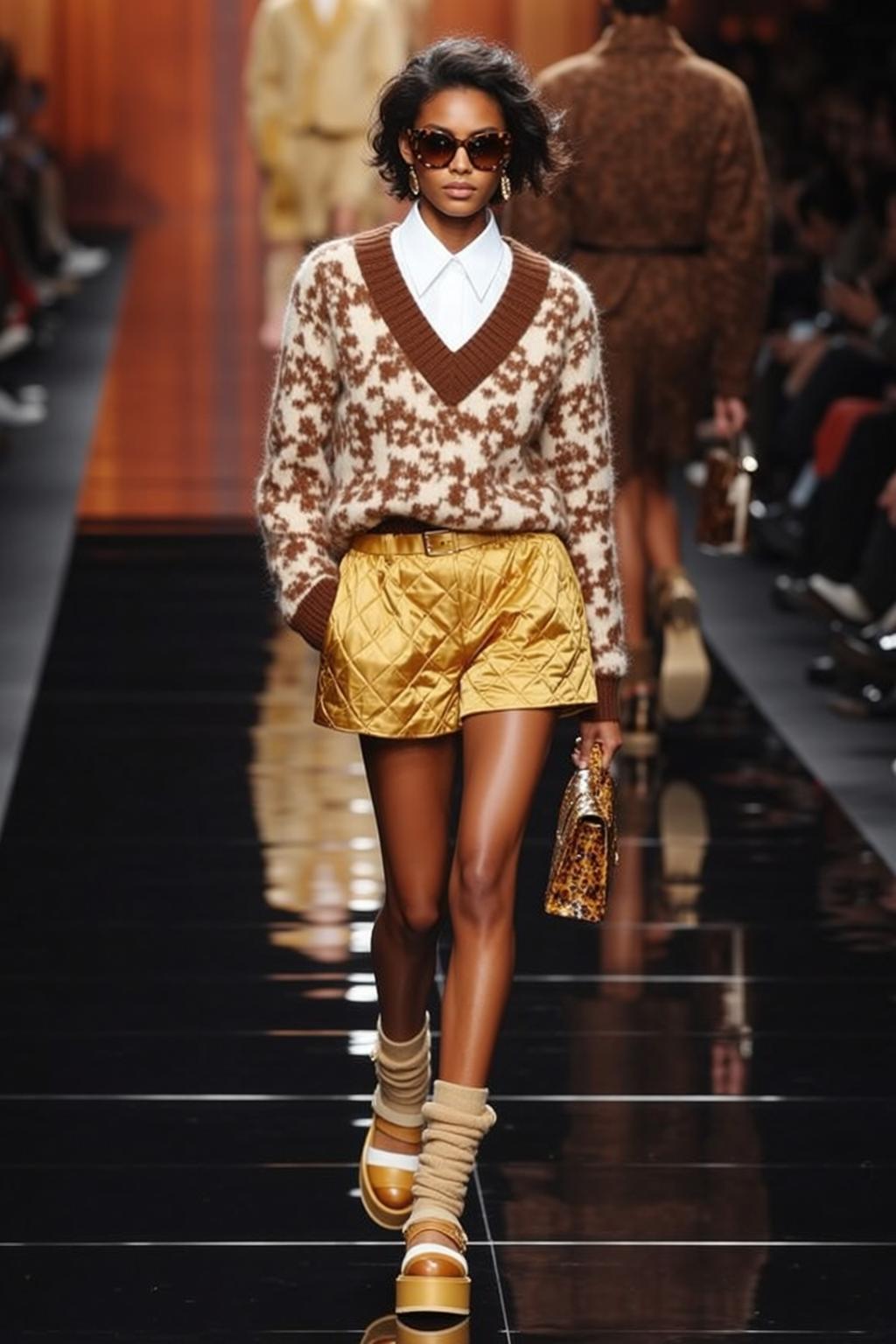 Model Walking Runway White Shirt Gold Shorts
