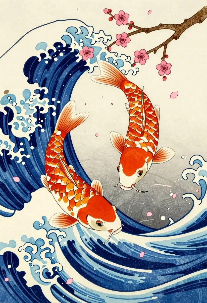 Vibrant Japanese-style Illustration Featuring Large Koi Fish Swimming Through Expressive reference photo