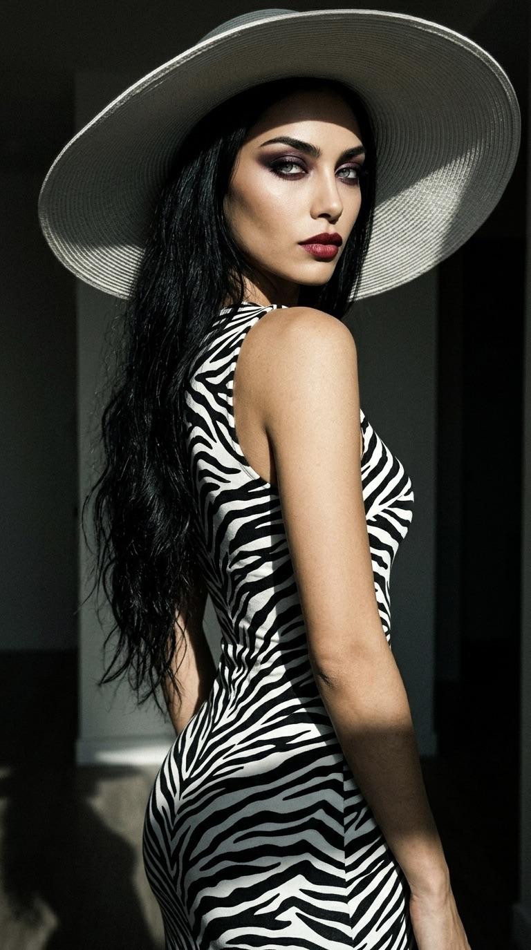 Zebra Stripe Dress Straw Hat Dramatic Lighting