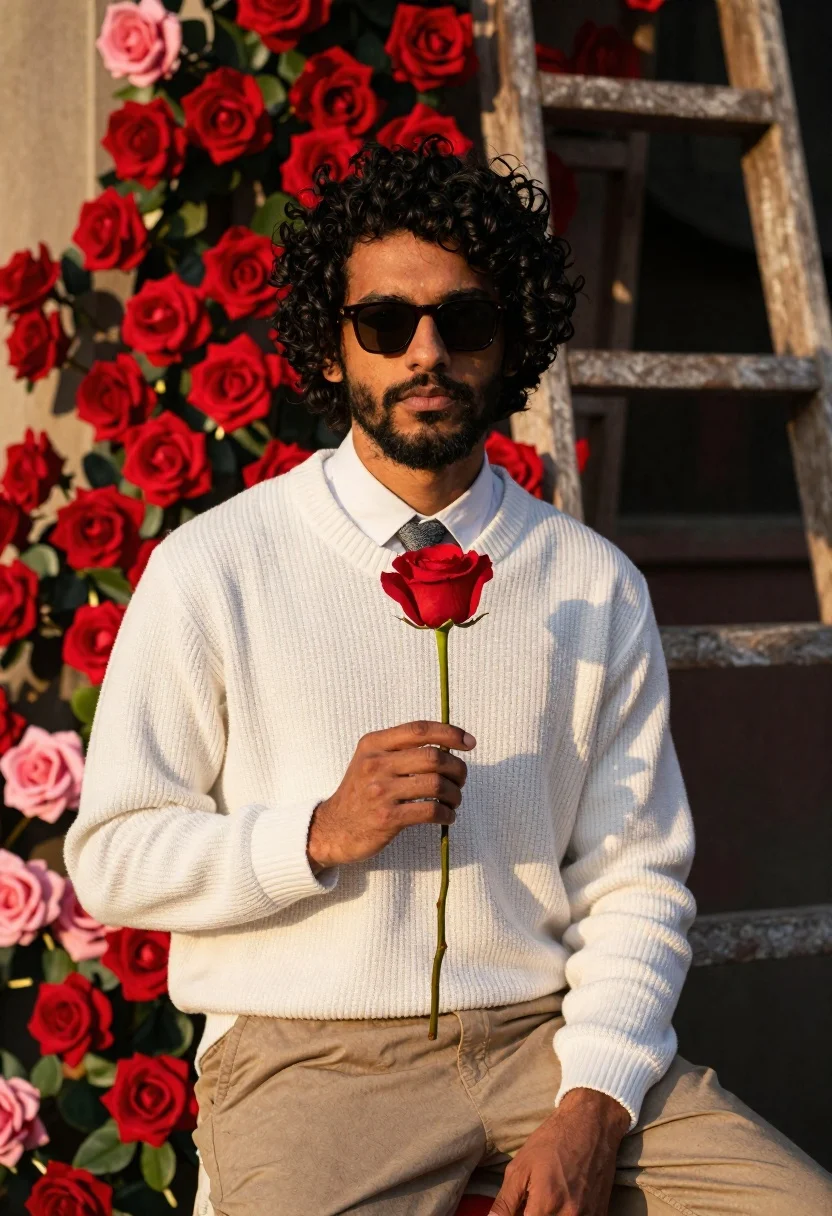Man With Curly Dark Hair And Beard Sits Holding Single