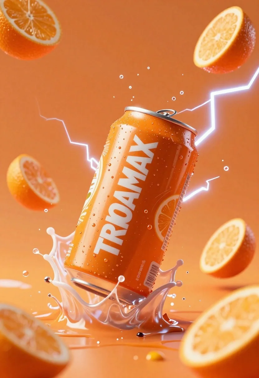 Dynamic Render Orange Soda Can Exploding Through Splash Liquid Against