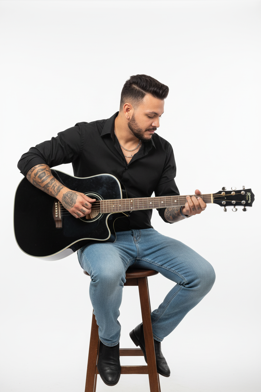 A male musician seated on a stool playing a black acoustic guitar, wearing a black shirt with rolled sleeves and light blue jeans.