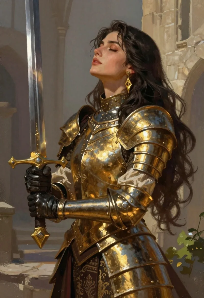 Digital Painting Medieval Fantasy Warrior Woman Holding Ornate Sword Upright reference photo