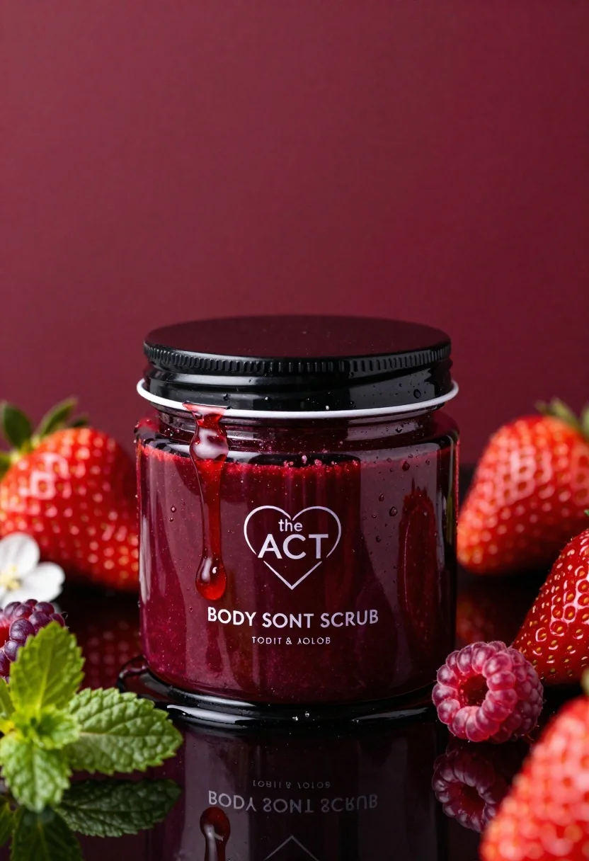 A glossy black jar of deep red body salt scrub on a reflective surface, surrounded by strawberries and raspberries.