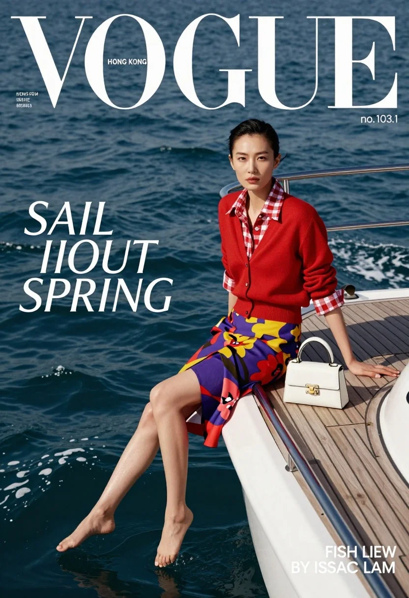 High-fashion Magazine Cover Featuring Woman Sitting The Edge Boat With