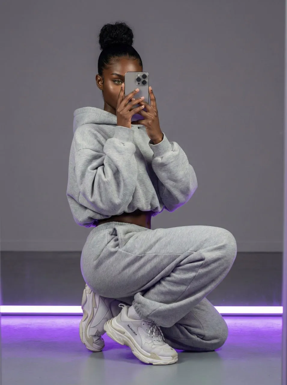 Realistic Woman Kneeling Studio Purple Light